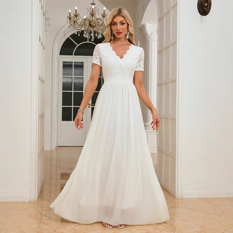 European and American Amazon 2025 Lace Edge Splicing Chiffon Waist Long V-Neck Dress Wedding Evening Dress