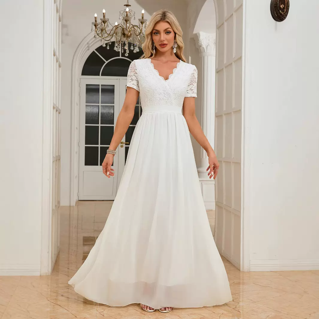 欧美亚马逊2025蕾丝边拼接雪纺收腰长款v领连衣裙婚纱晚礼服