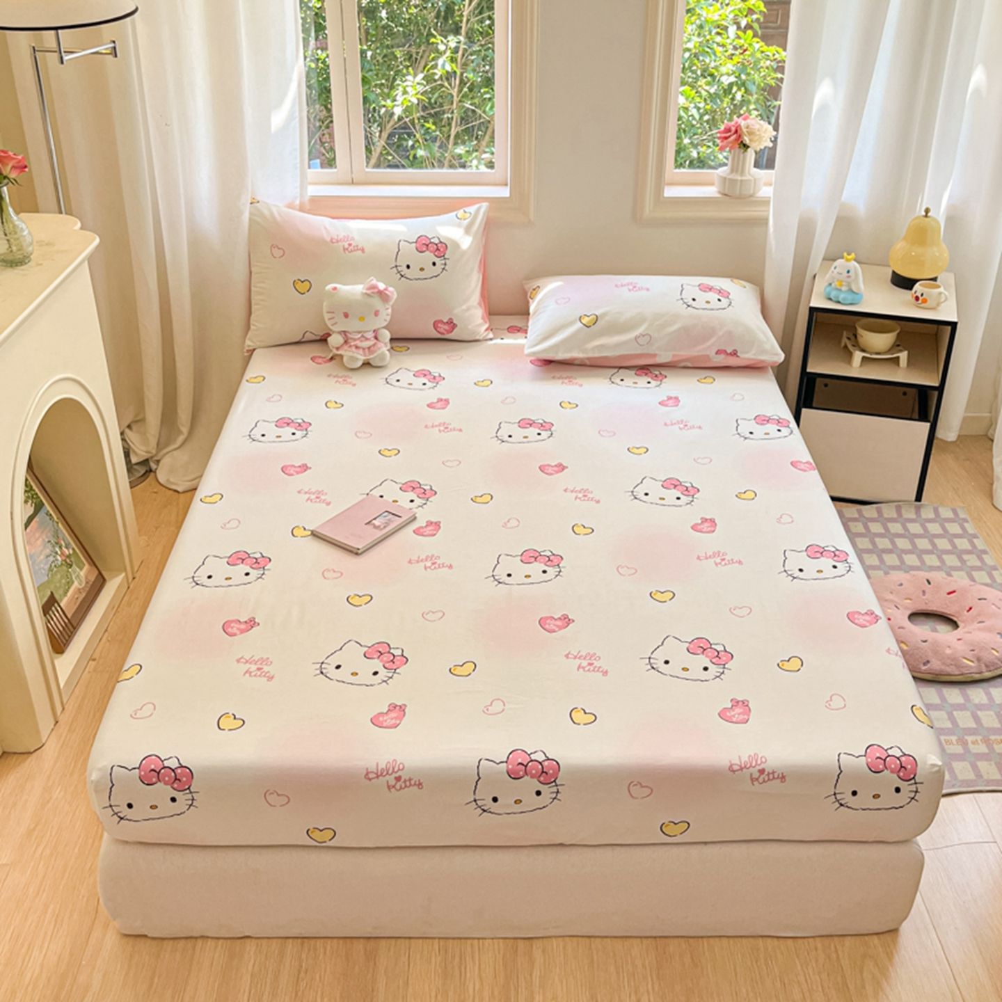 Sanrio Cotton Cartoon Gourmet Pudding Dog Bed Sheetss Kidsren's Student Dormitory Home Mattress Protector Removable and Washable