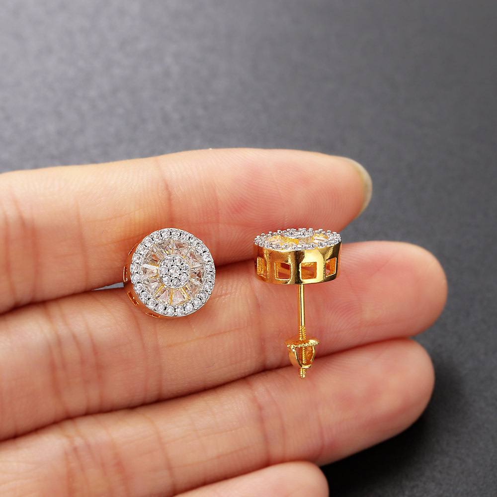 Popular Hip Hop Zircon Stud Earrings Men's And Women's Full Diamond Gold Plated Threaded Earrings Stud Earrings_voghion.com