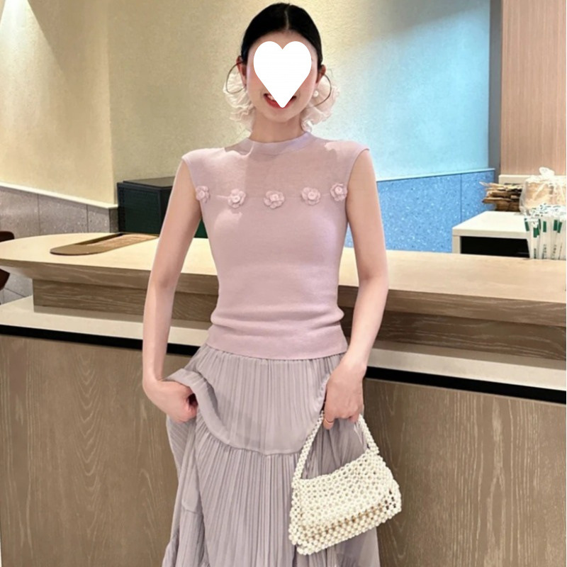Francés tridimensional flor malla empalme chaleco de punto de seda de hielo amarillo para mujeres de verano vestida en el cuerpo delgado...