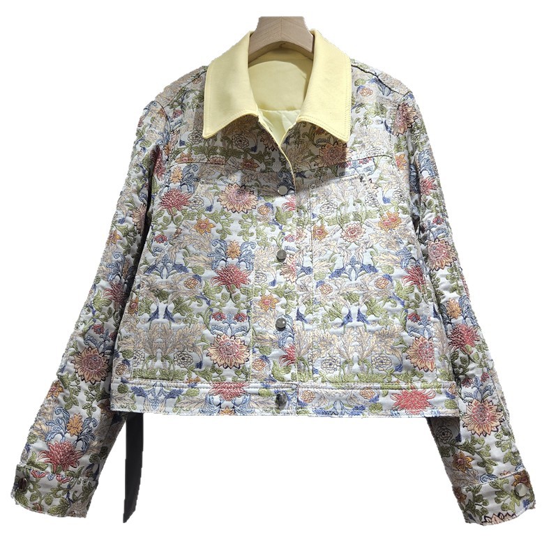 Chaqueta Corta Jacquard para Mujer Holgada de Manga Larga con Solapa de Poliéster