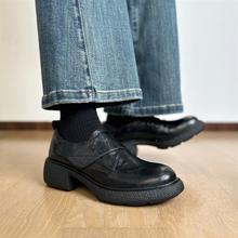 牛皮版~5cm踩屎感魔术贴女生百搭软皮厚底乐福鞋英伦风小皮鞋单鞋