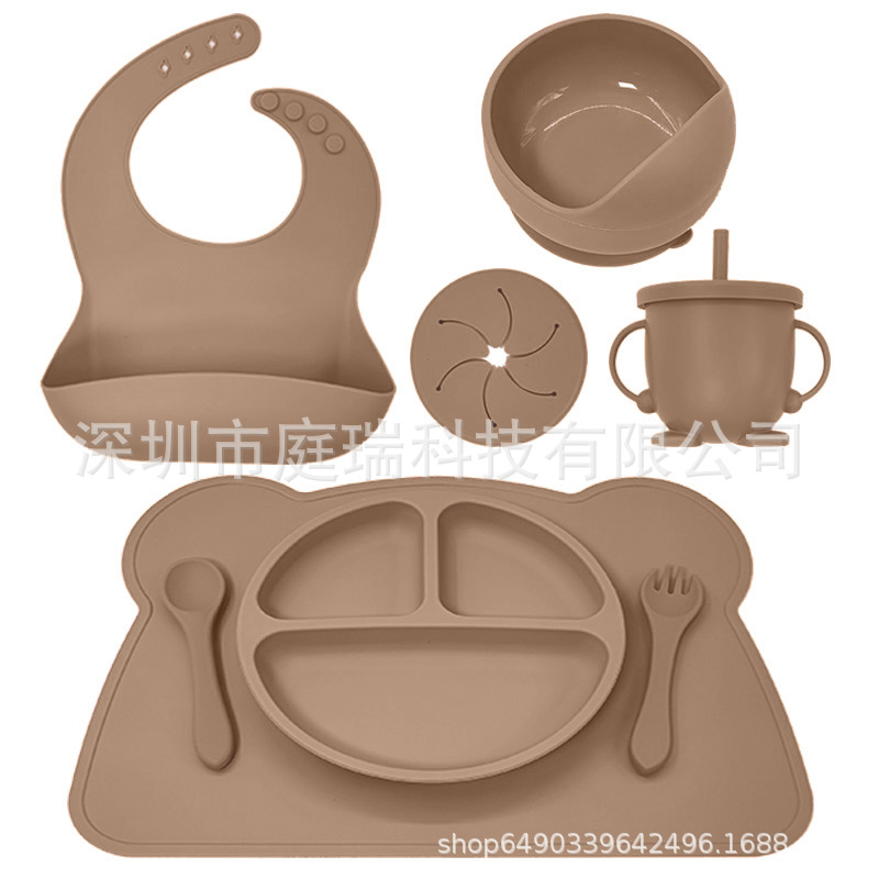 Juego de vajilla de silicona para niños placemat lechón tazón combinación traje bebé comiendo Placa de silicona resistente a la caída comida complementaria