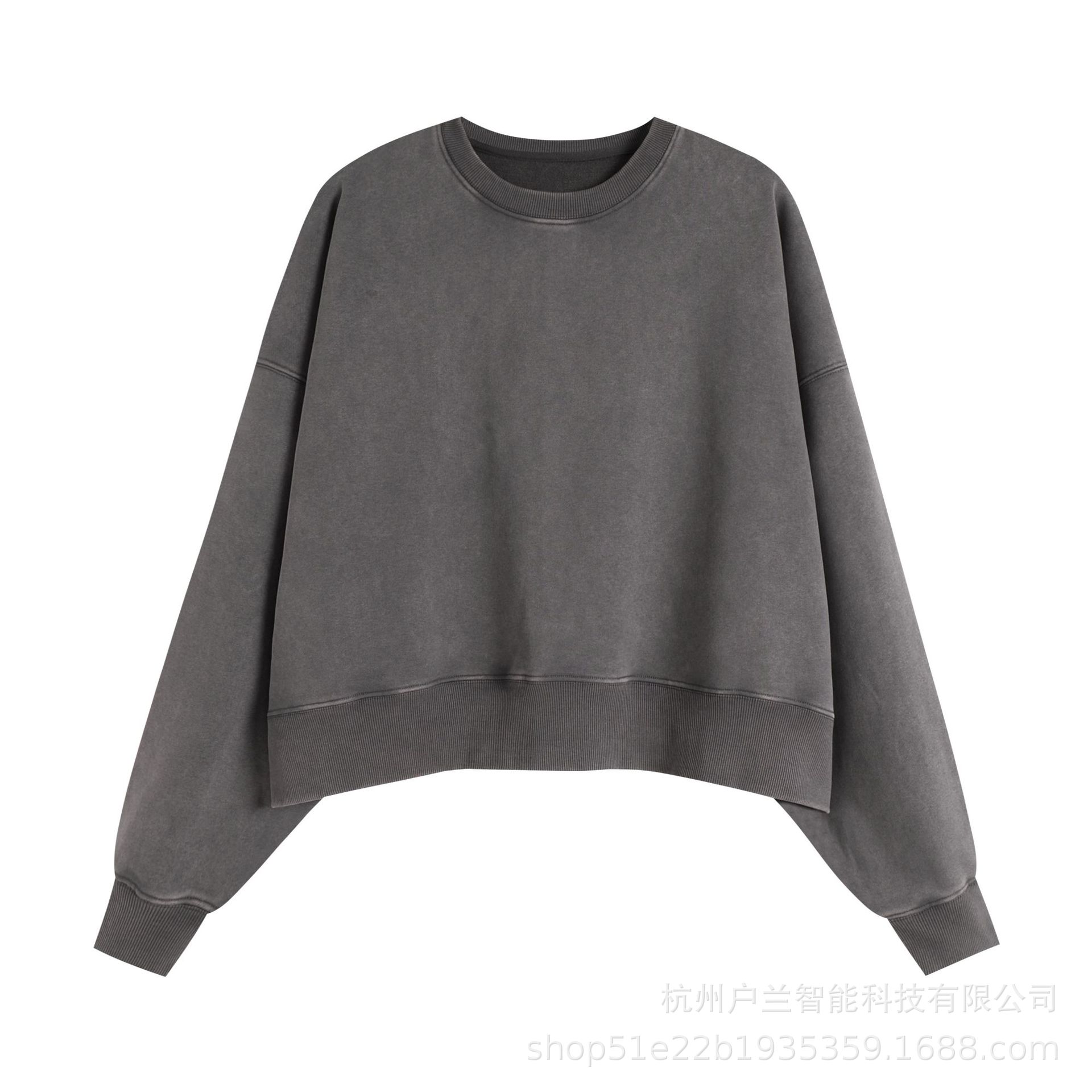 Women's 400g brushed distressed round neck dark gray