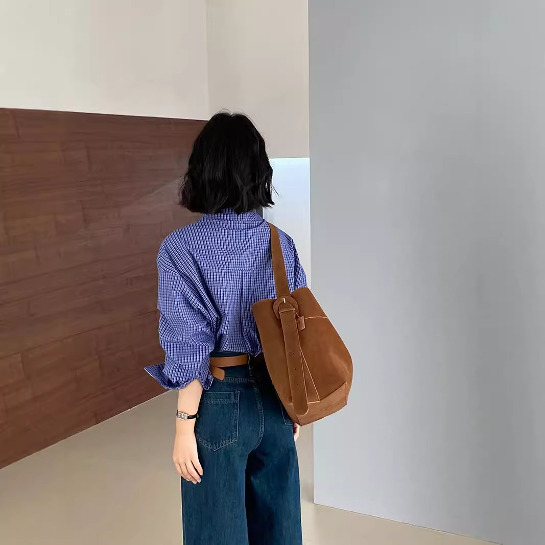 JIANG ZUO MIU MUI 셔츠 초가을 레트로 블루 체크 셔츠 여성용 느슨한 게으른 긴 소매 셔츠 1203