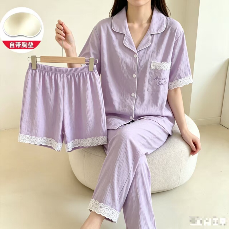 Factory Outlet Cross-border Pajamas Women's Summer Cardigan Spring and Autumn Short Sleeve Pants suit Southeast Asia Hot Sale Large Discount