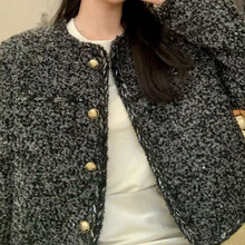 羽绒内胆香杂色羊毛呢细闪拼边羽绒短外套含30%羊毛