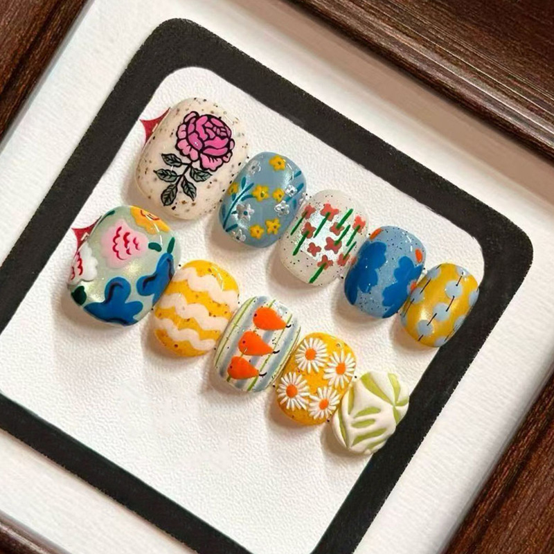 French Country Floral Press-On Nails Daisy Hand-Painted Fresh Gentle Vintage Oil Painting Style Beauty False Nail Stickers Wholesale