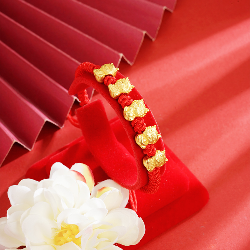 Wufu dragón rojo cuerda pulsera extraíble ajustable cuerda trenzada Vietnam arena oro suerte lindo dragón chapado en oro auspicioso significado regalo