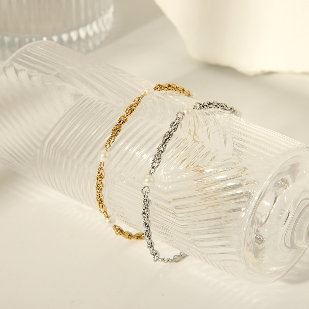Edelstahl 304 18 Karat Vergoldet Basic Einfacher Stil Pendeln Überzug Inlay Geometrisch Künstliche Perlen Armbänder display picture 8