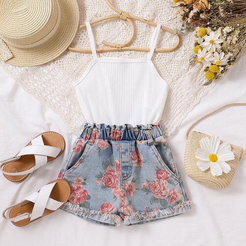 Cross-border Amazon cute girl one-piece jumpsuit with spaghetti straps and denim print set for wholesale, dropshipping one unit
