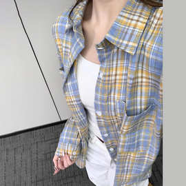复古撞色格子长袖衬衫女2024春秋高级感休闲百搭衬衣外套