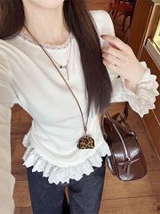 韩系边圆领长袖打底衫女早春款长袖内搭蕾丝花边下摆t恤上衣