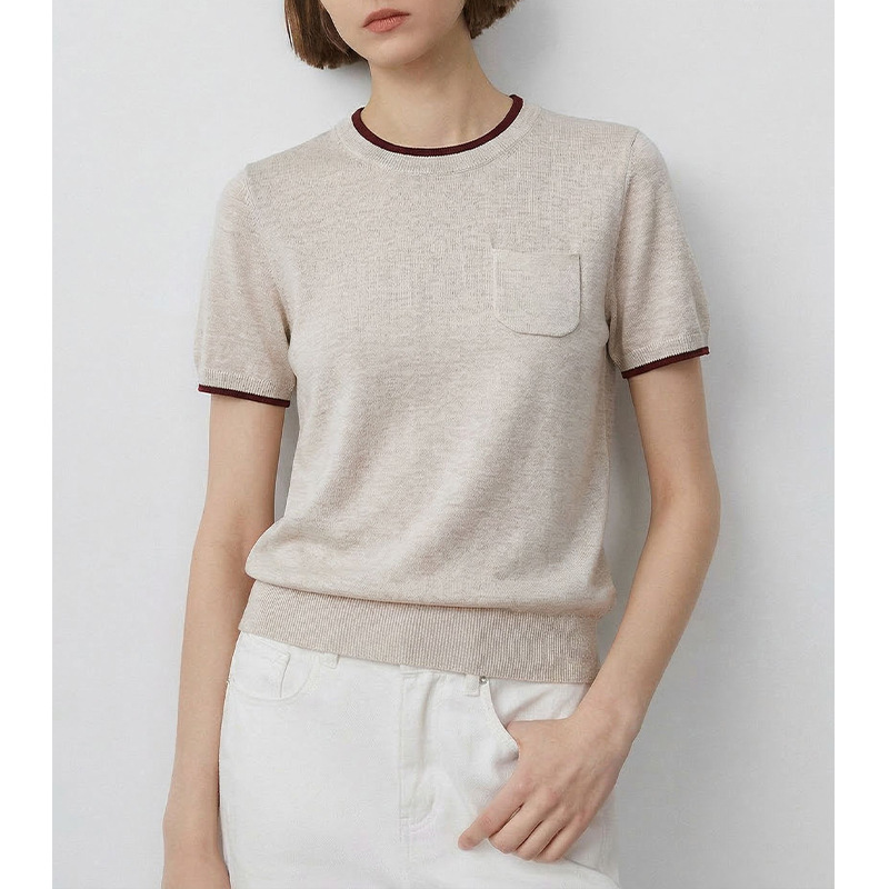 Round Neck Contrast Color Short-Sleeved Linen Caramel Mocha Knitwear for Women 2026 Summer New Style Elegant Work Clothing Casual Top Round Neck Contrast Color Short-Sleeved Linen Caramel Mocha Knitwear for Women 2026 Summer New Style Elegant Work Clothing Casual Top