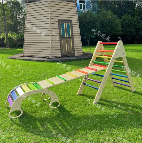 Educación temprana niños educativos de madera multifuncional Arco Iris mecedora equilibrio tablero escalada marco juguete interactivo jardín de infantes
