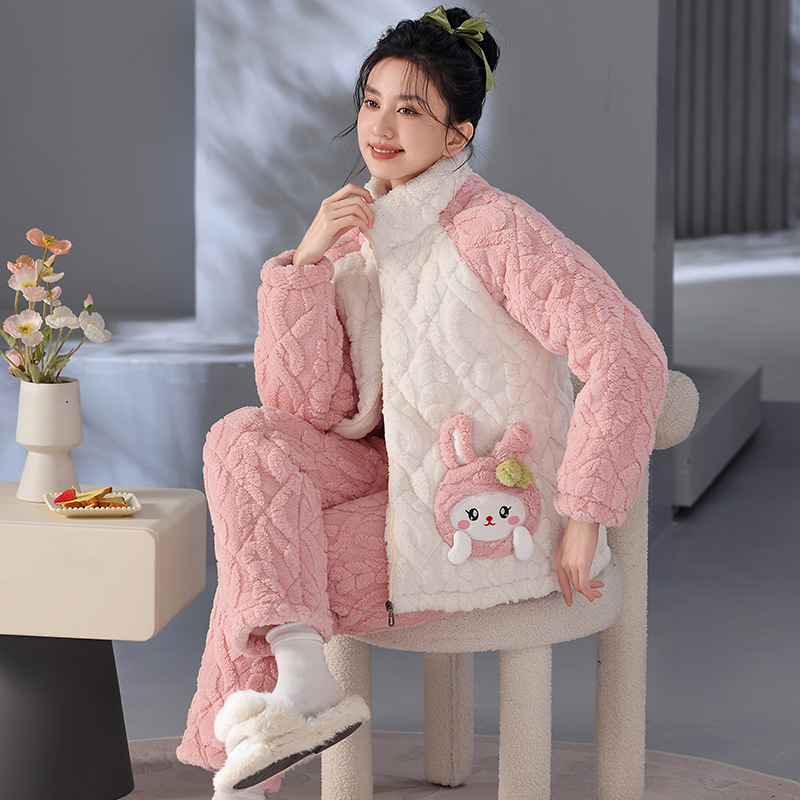外贸睡衣女秋冬三层加厚绒夹棉甜美拉链加大码保暖棉袄外穿家居服