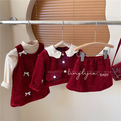 檸里新年女童亮絲蝴蝶結加絨背帶裙寶寶保暖外套休閒紅色半身裙潮