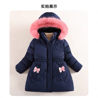 外贸新款冬季女童棉衣欧美中大童女童加厚加绒中长款收腰显瘦棉服