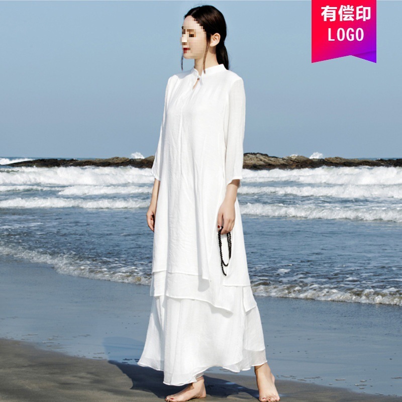 中式女装连衣裙棉麻双层长款禅服茶服会议工作服养生冥想居士打坐|undefined