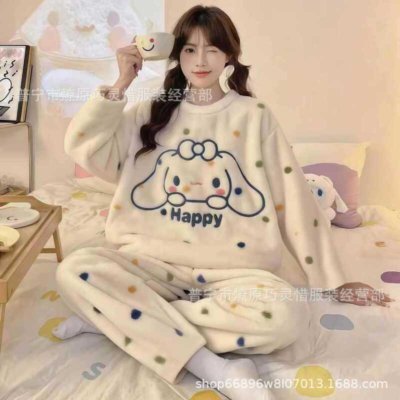 Coral Velvet Pajamas for Women, Winter Thickened Flannel, Cute Cinnamon Dog, Winter Warm Home Clothes Two-Piece Set