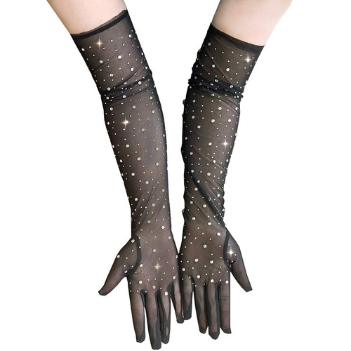 Net mesh water drill full finger extended gloves for women, black thin dress party sexy travel photography arm sleeves performance