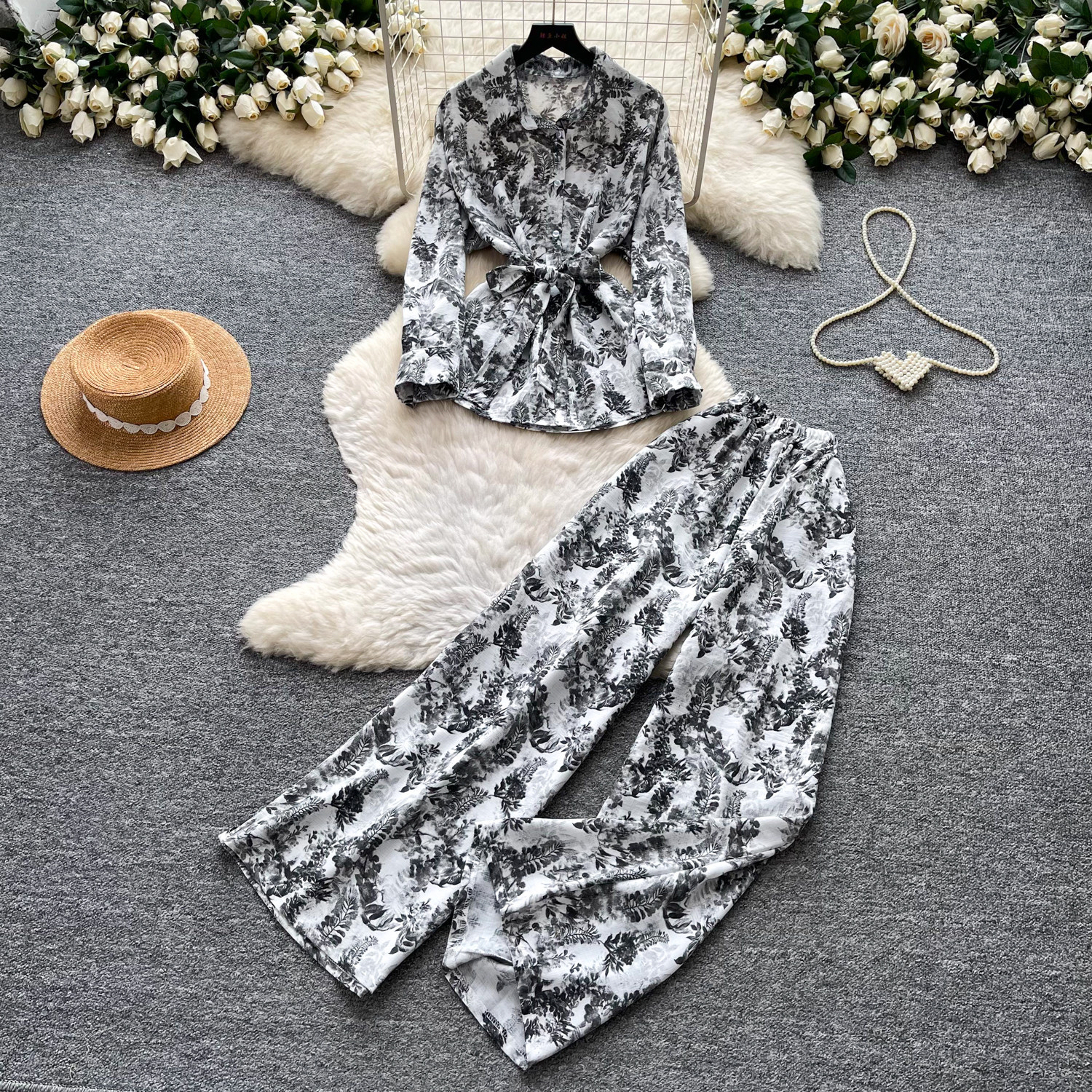 Women's Sophisticated Elegant Two Piece Set Autumn Tie up V Neck Top High Waisted Wide Leg Pants Slimming Stylish Look_ecoleips.com