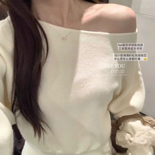 慵懒简约纯色一字肩毛衣2026新款冬季打底上衣女蝙蝠袖纯欲针织衫