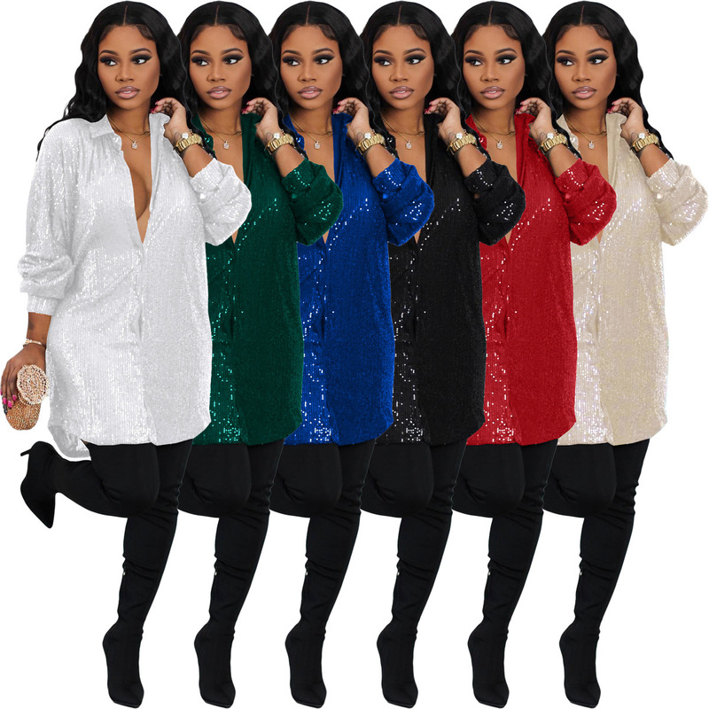 Bn275 Cross-Border Supply Export European and American Clothing Amazon New Pure Color Sequin Loose Shirt Dress