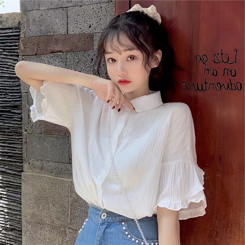 2025 Summer White Shirt Design Niche Lace Trumpet Sleeve Short-Sleeved Shirt Elegant Gentle Style Top for Women 2025 Summer White Shirt Design Niche Lace Trumpet Sleeve Short-Sleeved Shirt Elegant Gentle Style Top for Women