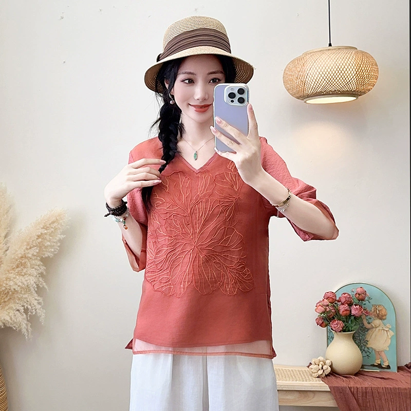Летняя новая стильная рубашка со средним рукавом в китайском стиле для мам среднего и пожилого возраста, модный и уменьшающий возраст топ из рами для похудения.