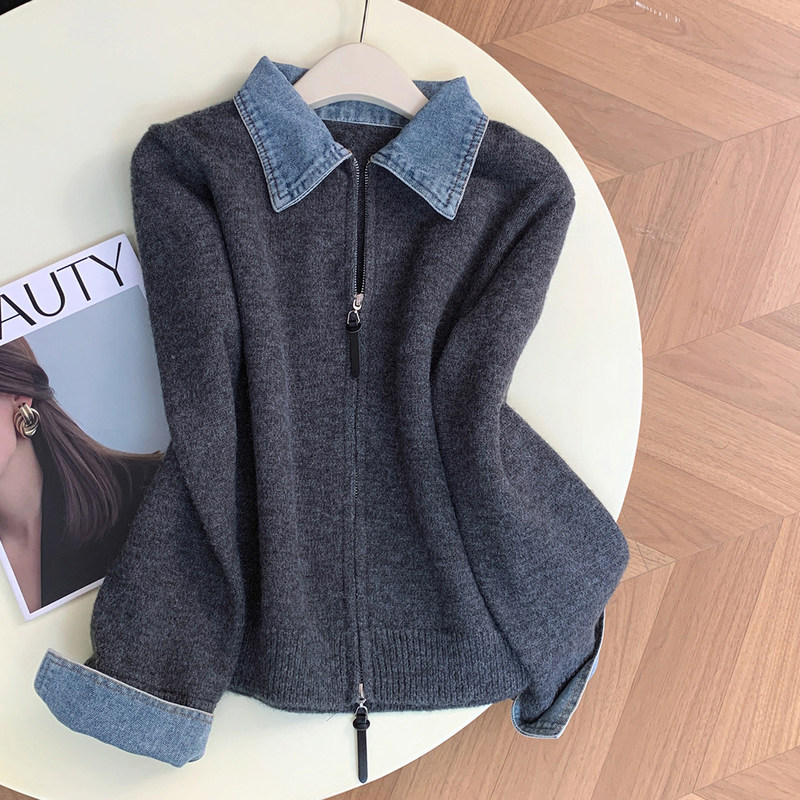 Collared long-sleeve denim patchwork double-zipper knit cardigan for women, new autumn and winter style, casual versatile faux two-piece sweater Collared long-sleeve denim patchwork double-zipper knit cardigan for women, new autumn and winter style, casual versatile faux two-piece sweater