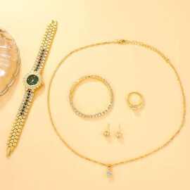 新品5pcs/set小众轻奢百搭小巧钢带绿表女耳钉项链手链戒指套装