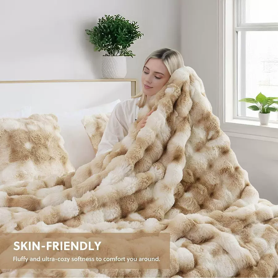 兔毛绒扎染毯子轻奢高级沙发毛毯柔软保暖加厚泡泡绒毛毯家用盖毯