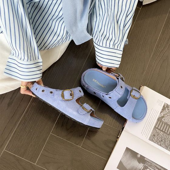 Bocken Slippers Women's Genuine Leather Cow Velvet Non-Slip Beach Shoes 2024 Summer Outer Wear Sandals Flat Bocken Sandals