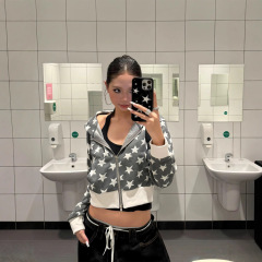 美式复古星星连帽开衫卫衣女短款辣妹休闲外套春秋设计感小众上衣