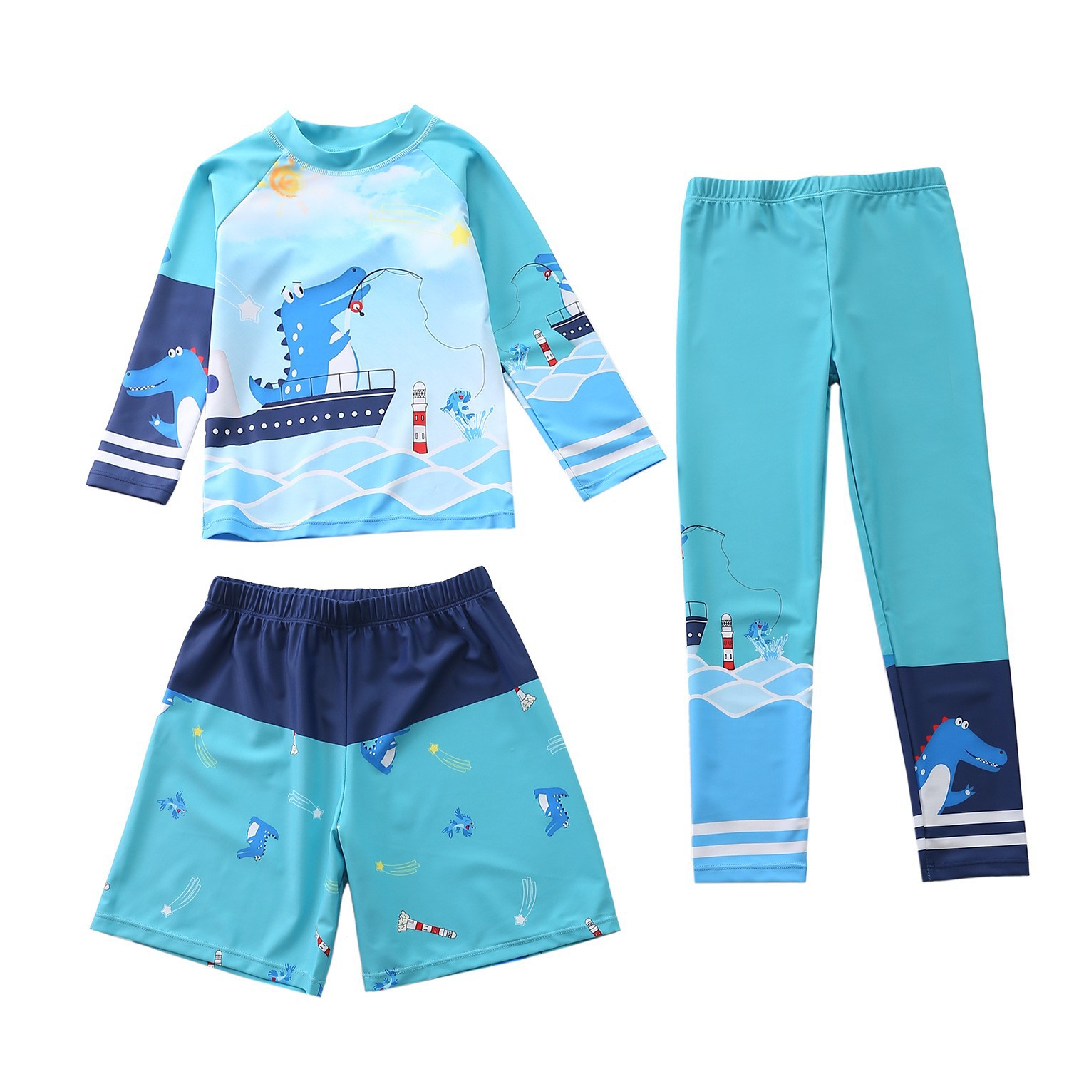 New Children's Swimsuit Men's Split Trousers Long-Sleeved Anti-Sun Swimsuit Three-Piece Surf Suit for Middle-Aged and Older Boys