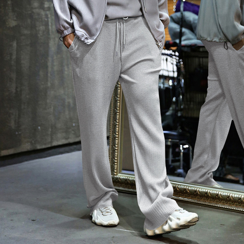 Pantalones de hombre de talla europea para primavera y otoño, de jacquard a rayas, de pierna ancha, casuales, holgados, acanalados, con cordón, de pierna recta, tallas grandes.
