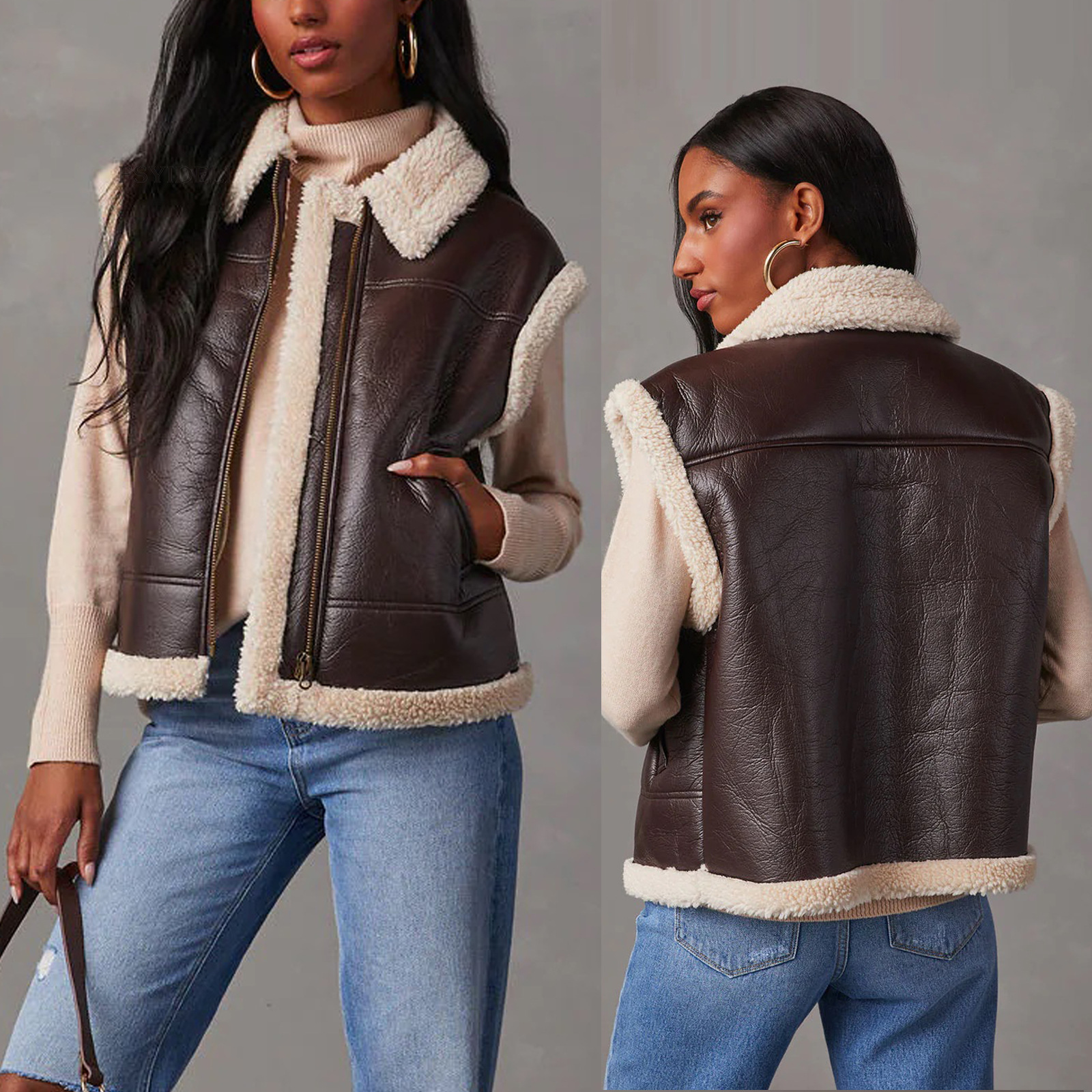 Manteau gilet rétro en laine d'agneau pour femme, manteau cousu, automne et hiver_voghion.com