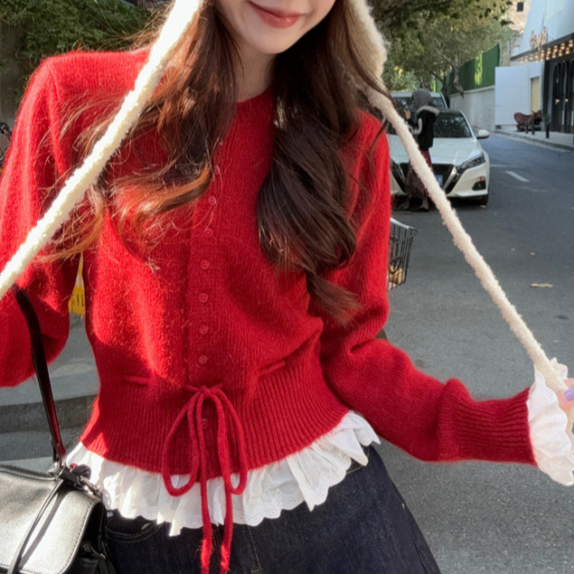 Sweet Style Stitching Lace Edge Knitted Sweater Women's 24-Year Fall/Winter Solid Color Soft Waxy Lace Sweater Coat Jacket