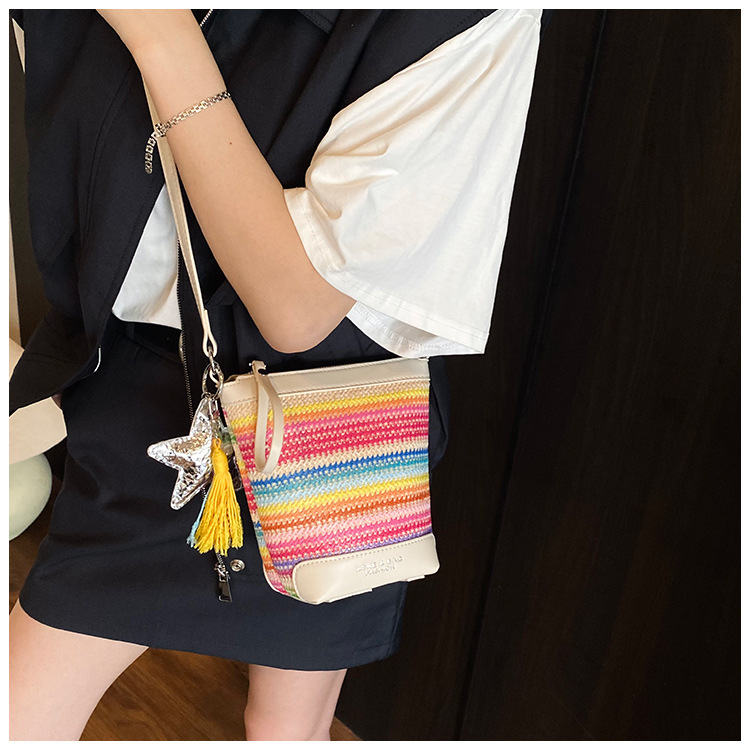 Fashionable straw woven bag for women 2025 summer new trendy woven single-shoulder crossbody women's bag, versatile bucket bag with patchwork undefined