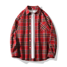 新款男士格子长袖衬衫美式休闲复古潮流宽松大码休闲衬衣小外套