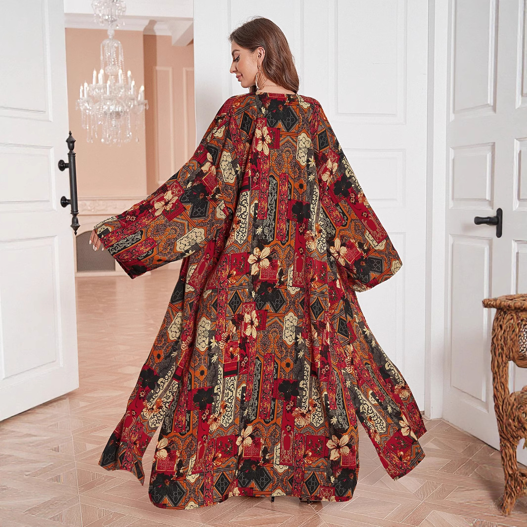 Middle East Dress Shawl Arabic Drop-shoulder Sleeve Printed Robe