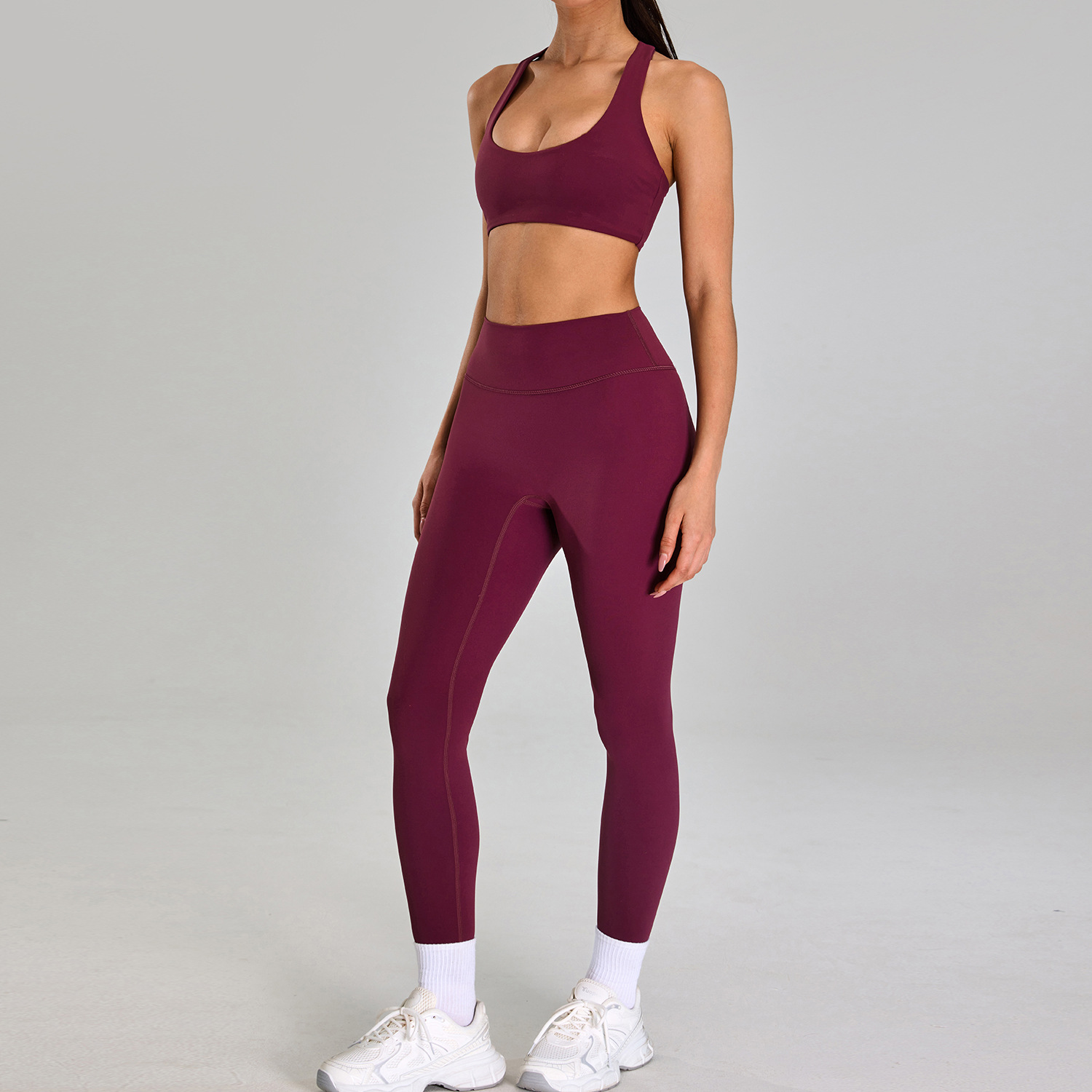 Traje deportivo de alta intensidad europeo y americano, correr al aire libre, ropa de fitness desnuda, cintura alta delgada, ropa de yoga de cinco piezas