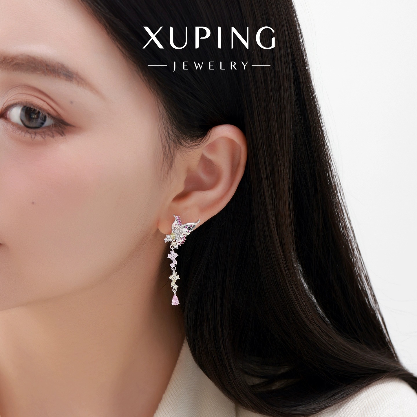 Xuping gemas artificiales largas mariposa simétrica pendientes de bordilla de moda ligera lujosa sensación de diseño de orejas para mujeres image 5