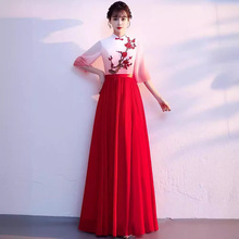 中式立领长裙时尚红歌合唱演出服比赛二胡表演主持人晚礼服女冬春