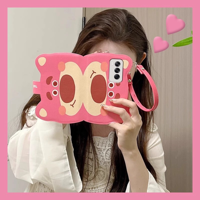Flip Leather Case Strawberry Bear Hand Chain for Apple 15Pro Max Mobile Phone Case 16pro/14 Double-Sided Protective Case