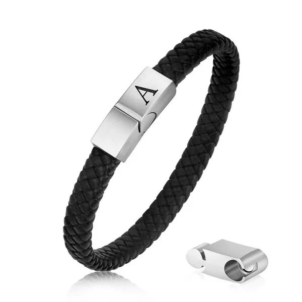 Extended Buckle Bracelet with Three Magnetic Clasps, Black Leather Bracelet for Men and Women, Stainless Steel Magnetic Clasp, 26-Letter Leather Bracelet