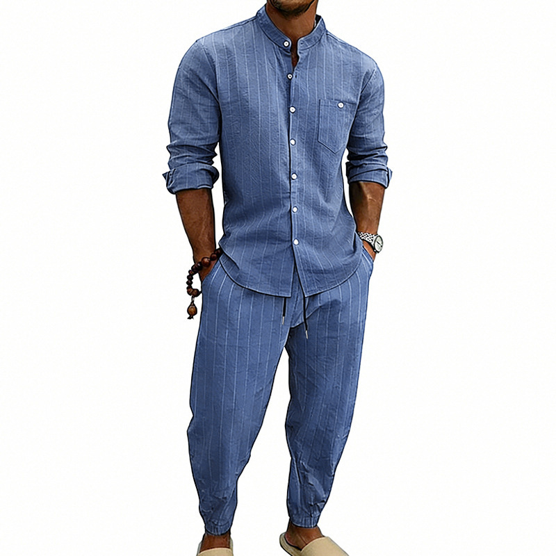 Transfronterizos primavera y otoño hombre deportivo a rayas verticales camisa casual de manga larga cardigan a rayas transpirables pantalones de dos piezas