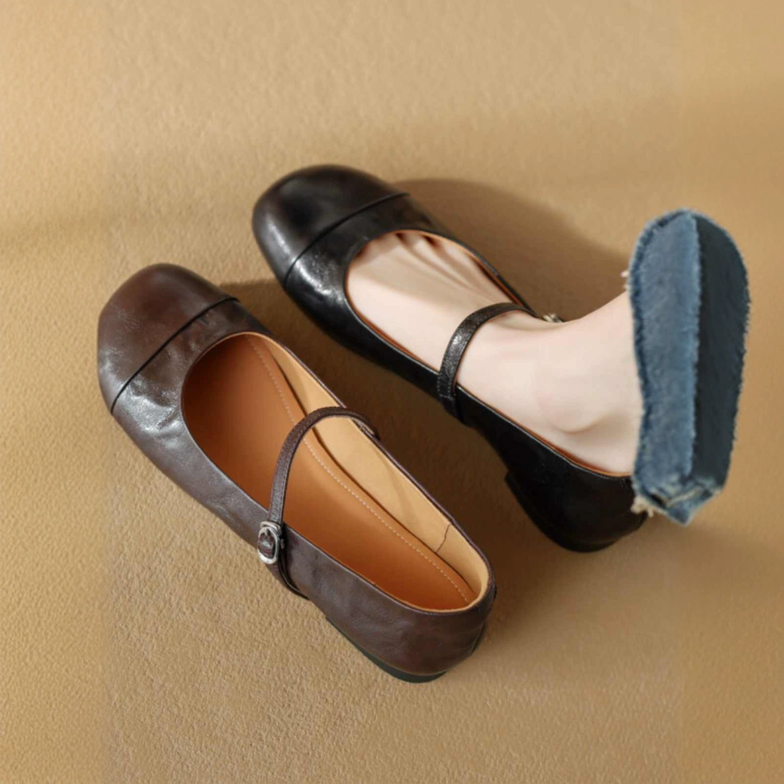 Мягкая кожа гигантская мягкая французская ретро обувь Мэри Джейн женская весна и осень 2025 новая круглая голова с плоским дном одиночные туфли zj